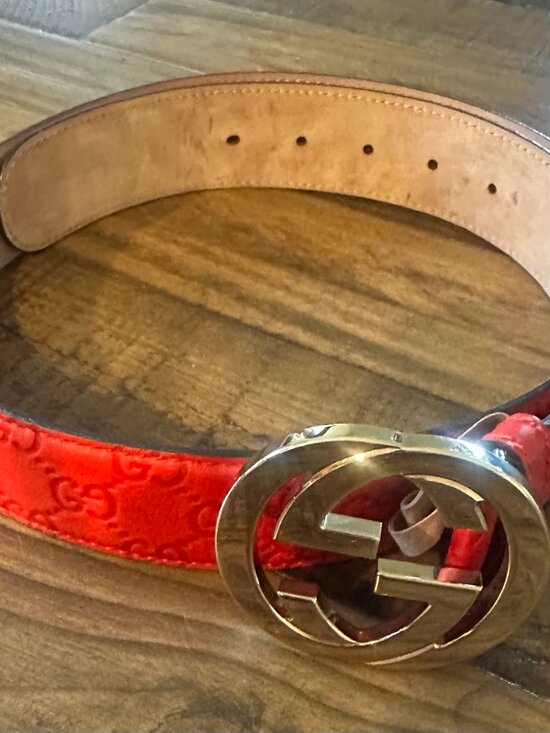 Gucci Red Guccissima GG Belt Gold Interlocking Buckle Leather